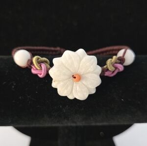 White Carved Flower Jadite Jade On Silk Cording Adjustible Bracelet EUC 6-10"